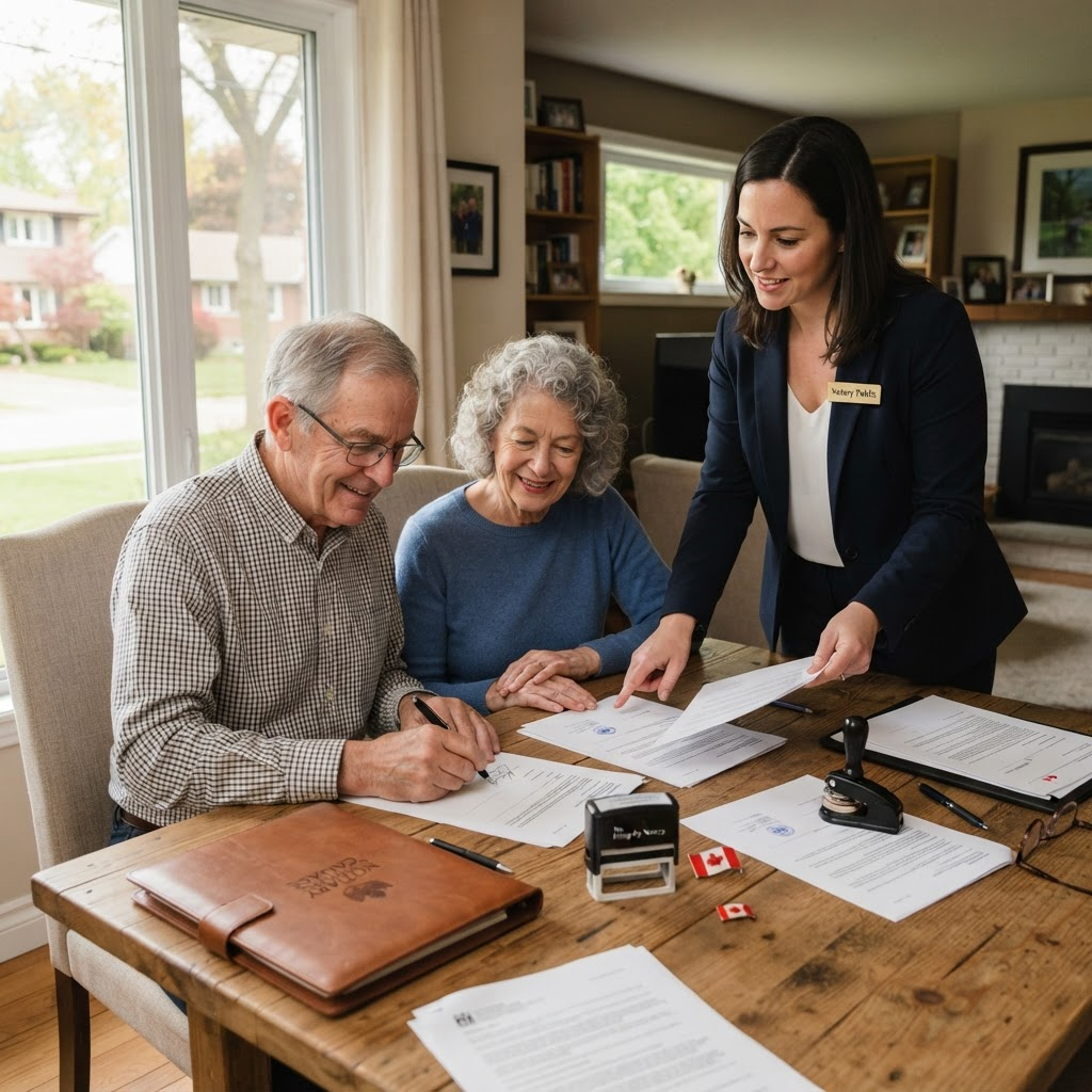 Mobile notary public helping a couple notarize documents at their home in Brampton