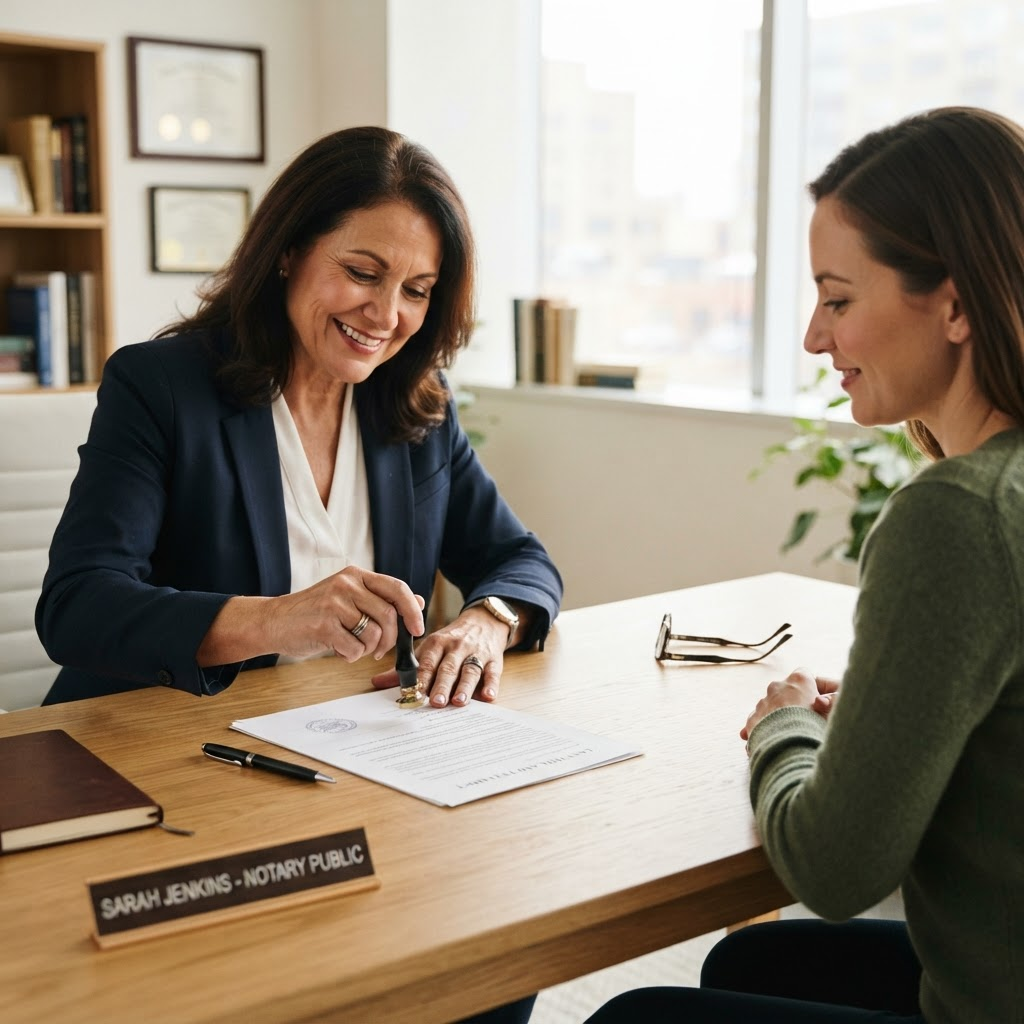 Notary public in Brampton stamping and notarizing an official legal document